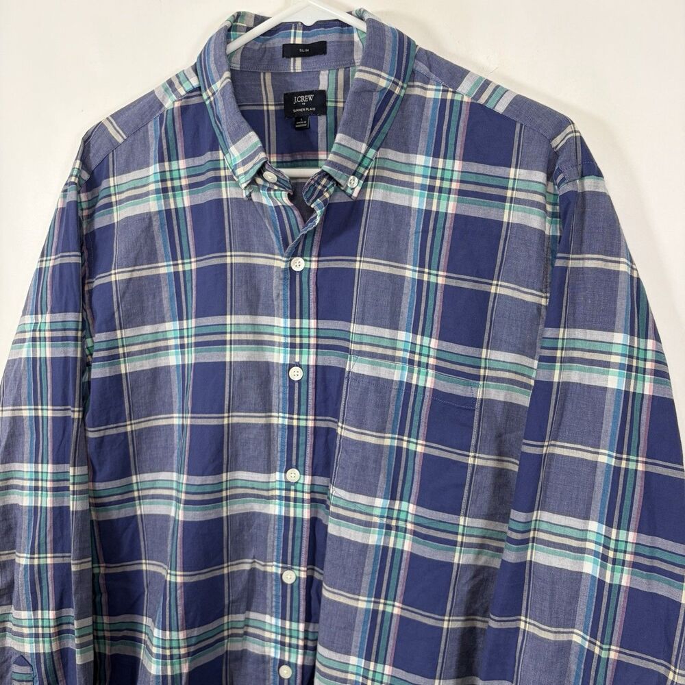 J.Crew Summer Plaid Slim Fit Button Down Shirt Mens Large Blue Turquoise J Crew